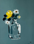 Daisies & Yellow Rose in Glass Vase Painted in Acrylic on Cotton Canvas roslynmary art.