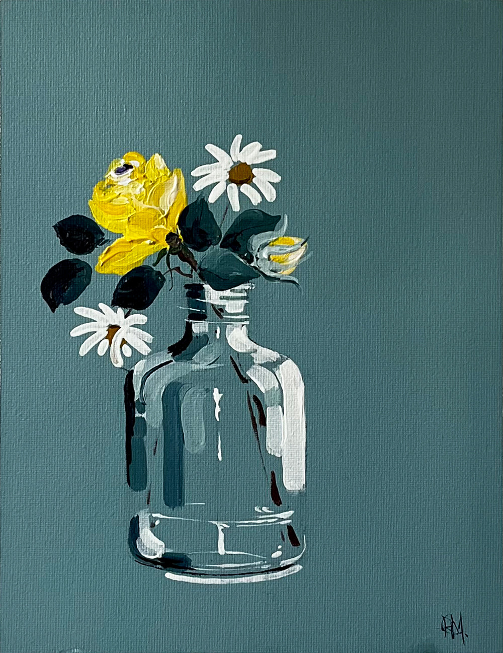 Daisies & Yellow Rose in Glass Vase Painted in Acrylic on Cotton Canvas roslynmary art.