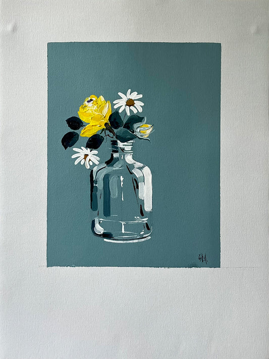 Daisies & Yellow Rose in Glass Vase Painted in Acrylic on Cotton Canvas with Border roslynmary art.