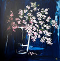 Subtle white & Pink Flowers in Glass Vase on Dark Navy Background Painted in Acrylic on Stretched Canvas roslynmary art.