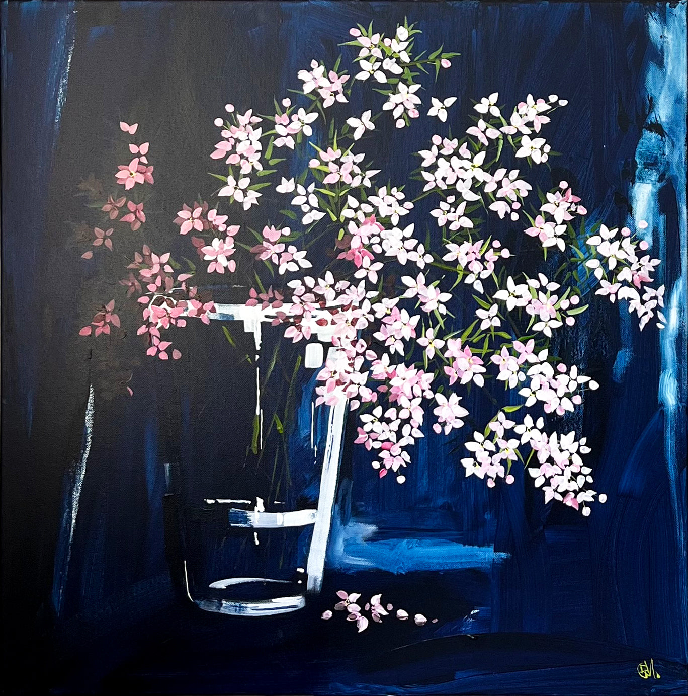 Subtle white & Pink Flowers in Glass Vase on Dark Navy Background Painted in Acrylic on Stretched Canvas roslynmary art.