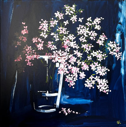 Subtle white & Pink Flowers in Glass Vase on Dark Navy Background Painted in Acrylic on Stretched Canvas roslynmary art.