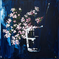 Subtle white & Pink Flowers in Glass Vase on Dark Navy Background Painted in Acrylic on Stretched Canvas roslynmary art.