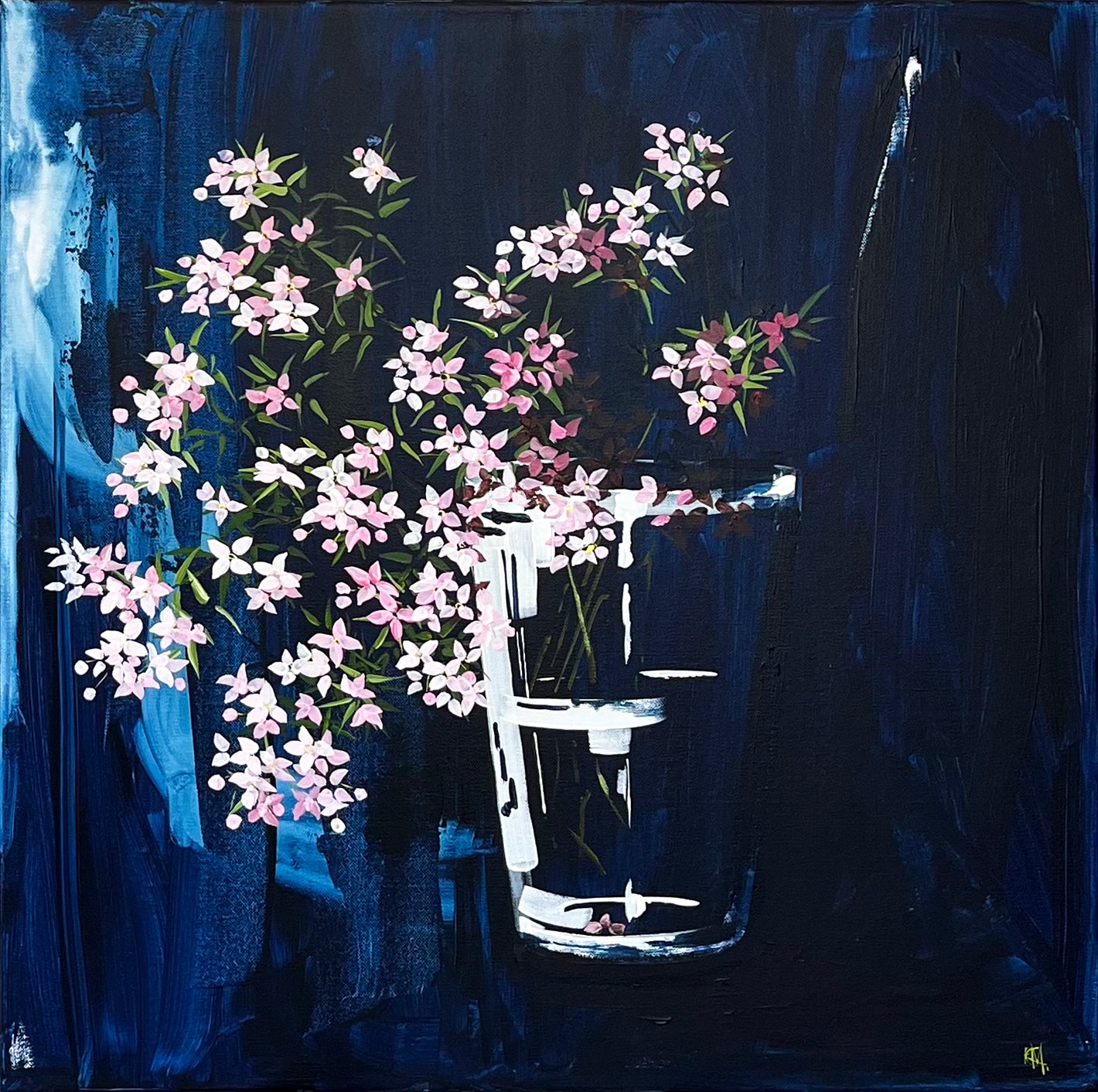Subtle white & Pink Flowers in Glass Vase on Dark Navy Background Painted in Acrylic on Stretched Canvas roslynmary art.