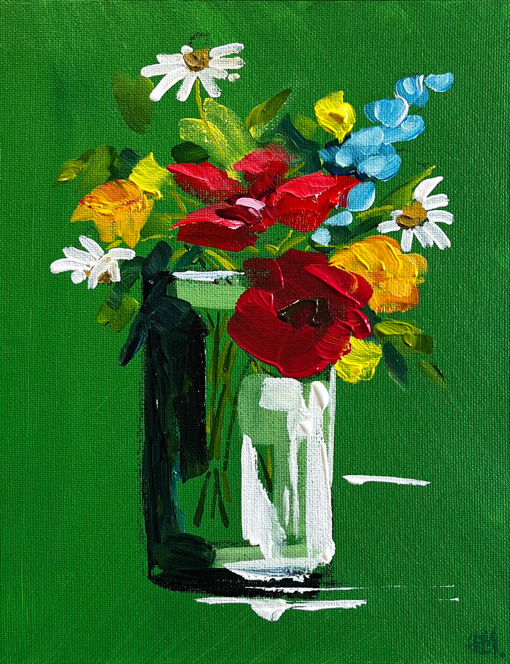 Colourful Flowers in Vase on Green Background Painted in Acrylic on Cotton Canvas roslynmary art.