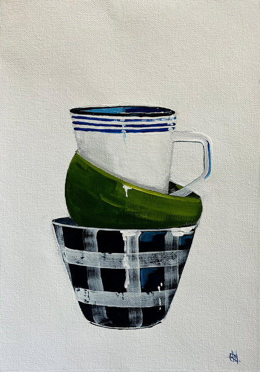 Stack of Ceramic Cups & Bowls Painted in Acrylic on Cotton Canvas roslynmary art.
