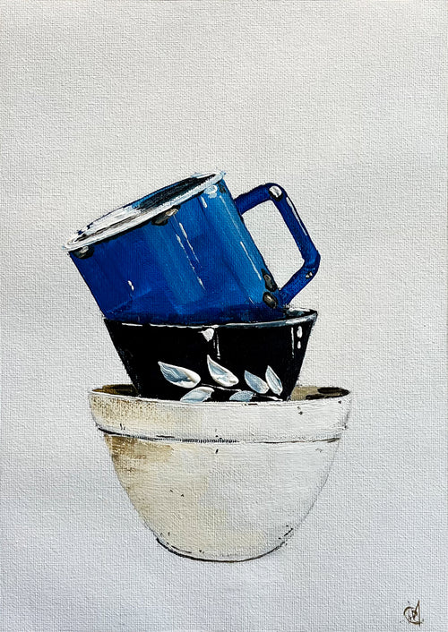 Stack of Ceramic Cups & Bowls Painted in Acrylic on Cotton Canvas roslynmary art.