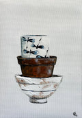 Stack of Ceramic Cups & Bowls Painted in Acrylic on Cotton Canvas roslynmary art.