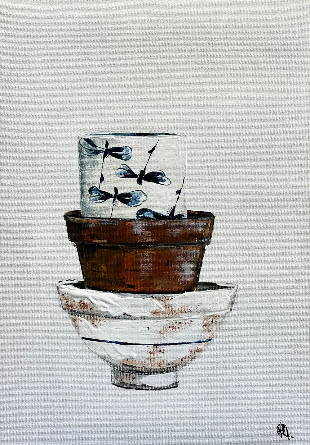 Stack of Ceramic Cups & Bowls Painted in Acrylic on Cotton Canvas roslynmary art.