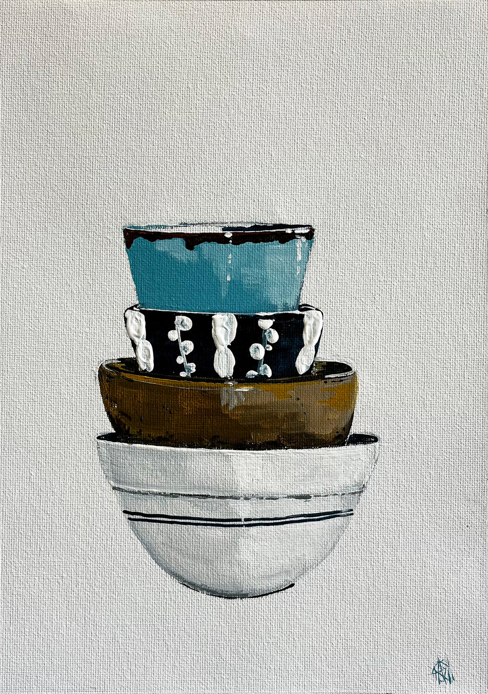 Stack of Ceramic Cups & Bowls Painted in Acrylic on Cotton Canvas roslynmary art.