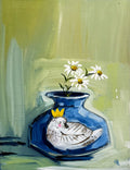 Abstract Daisies in Blue Vase Painted in Acrylic on Cotton Canvas roslynmary art.