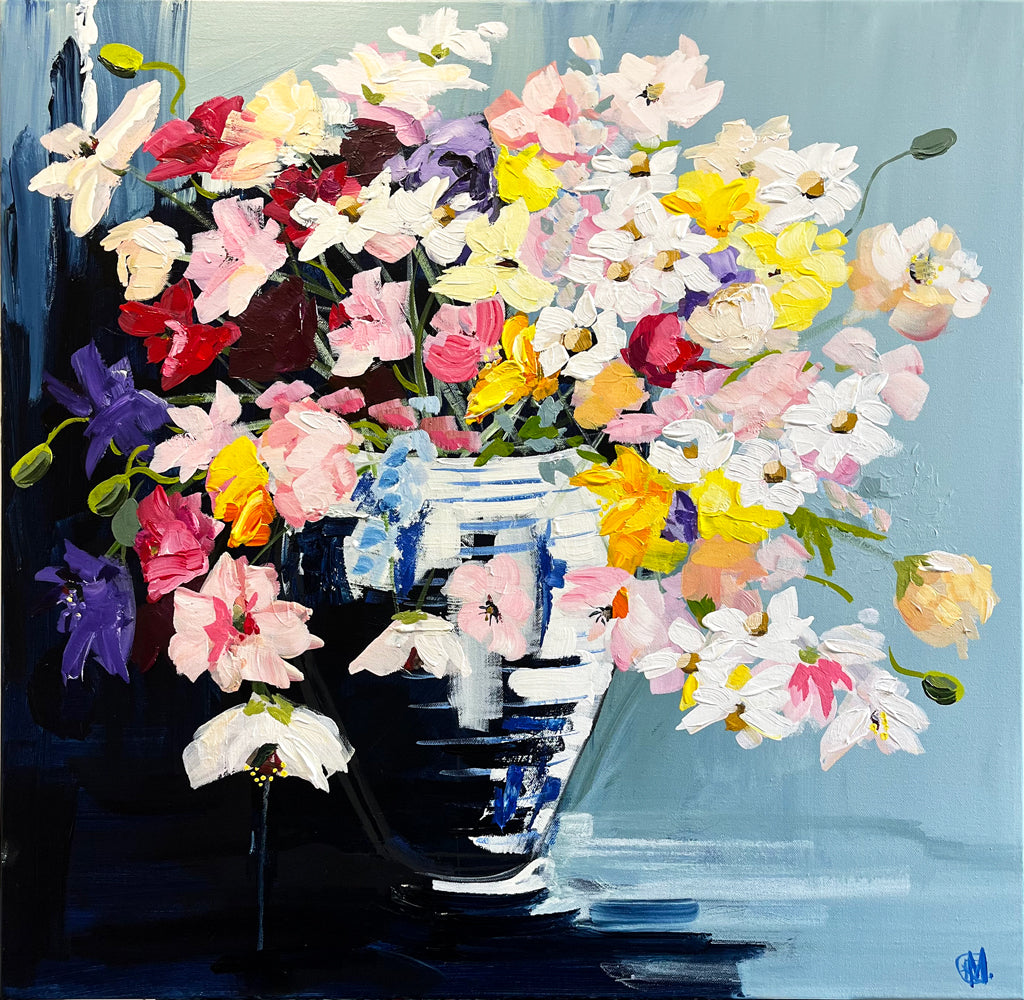 Painting of Colourful Flowers in Ceramic Vase Painted in Acrylic on Stretched Canvas roslynmary art.