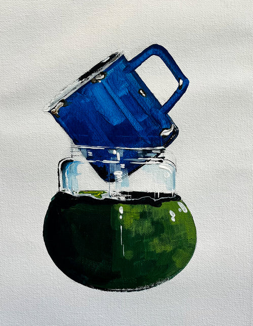 Painting of a Stack of Ceramic Cups & Bowls Painted in Acrylic on Cotton Canvas roslynmary art.