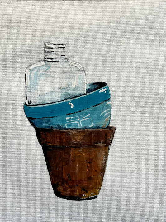 Painting of a Stack of Ceramic Cups & Bowls Painted in Acrylic on Cotton Canvas roslynmary art.