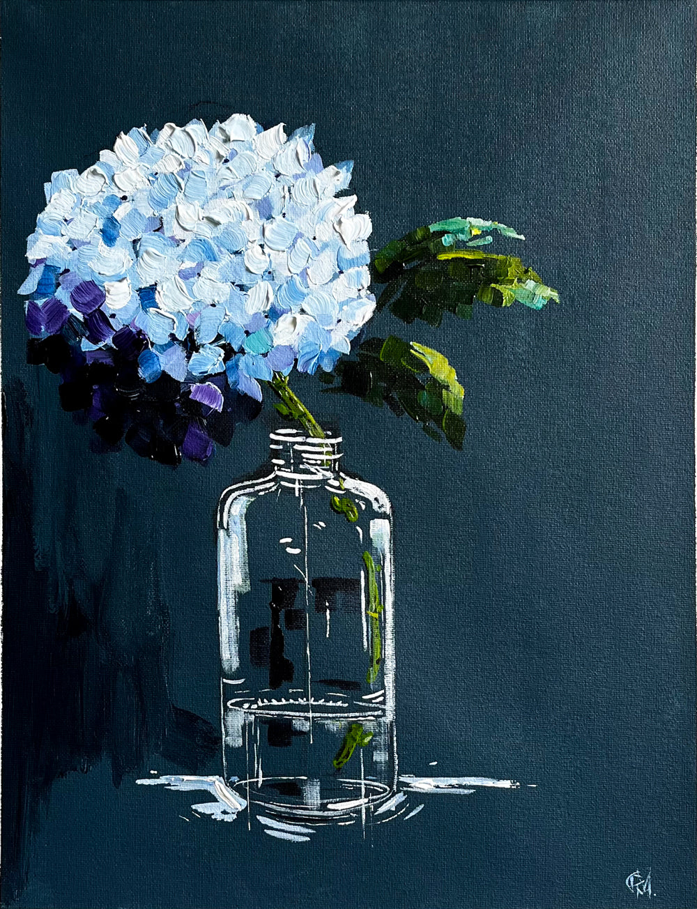 Painting of a Single Hydrangea in Glass Bottle on Dark Navy Background Painted in Acrylic on Cotton Canvas roslynmary art.