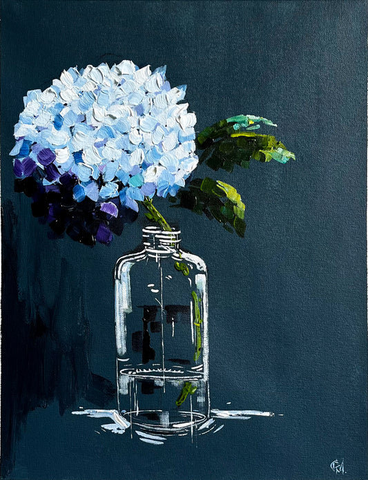 Painting of a Single Hydrangea in Glass Bottle on Dark Navy Background Painted in Acrylic on Cotton Canvas roslynmary art.
