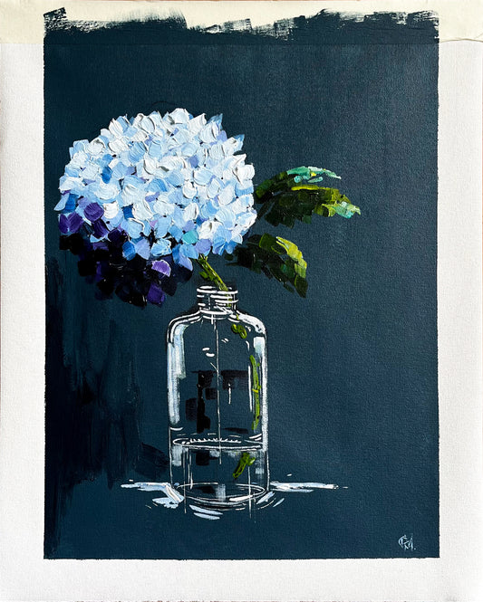 Painting of a Single Hydrangea in Glass Bottle on Dark Navy Background Painted in Acrylic on Cotton Canvas with Border roslynmary art.