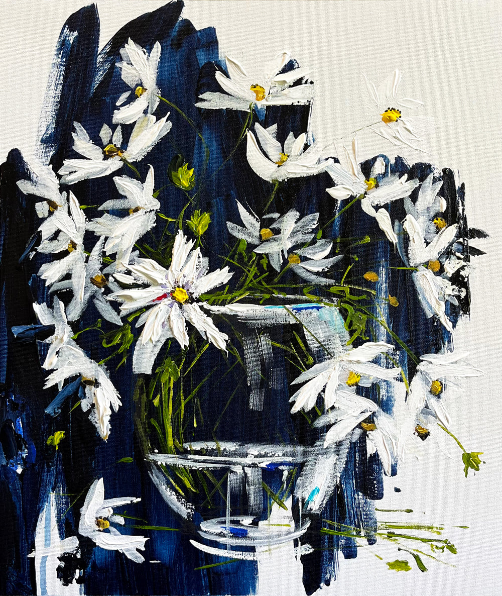 Daisies in Glass Vase on Dark Navy Background Painted in Acrylic on Cotton Canvas roslynmary art.