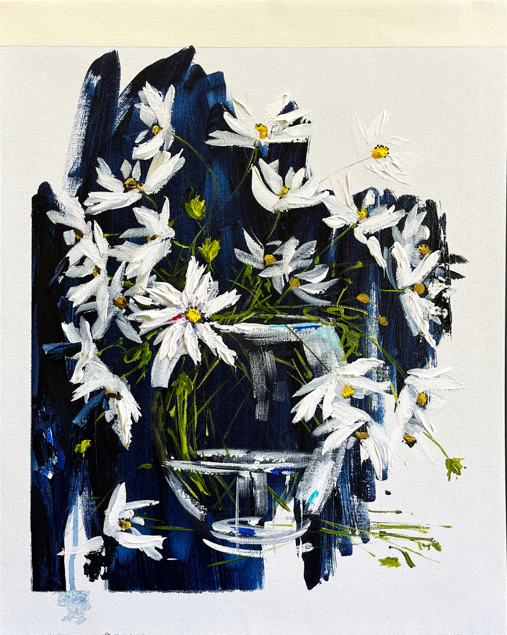 Daisies in Glass Vase on Dark Navy Background Painted in Acrylic on Cotton Canvas with Border roslynmary art.