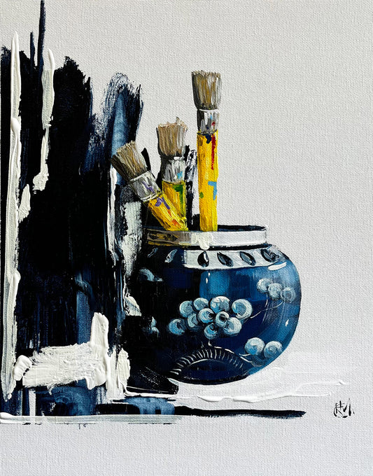 Painting of Paint Brushes in China Vase Painted on Acrylic on Cotton Canvas roslynmary art.