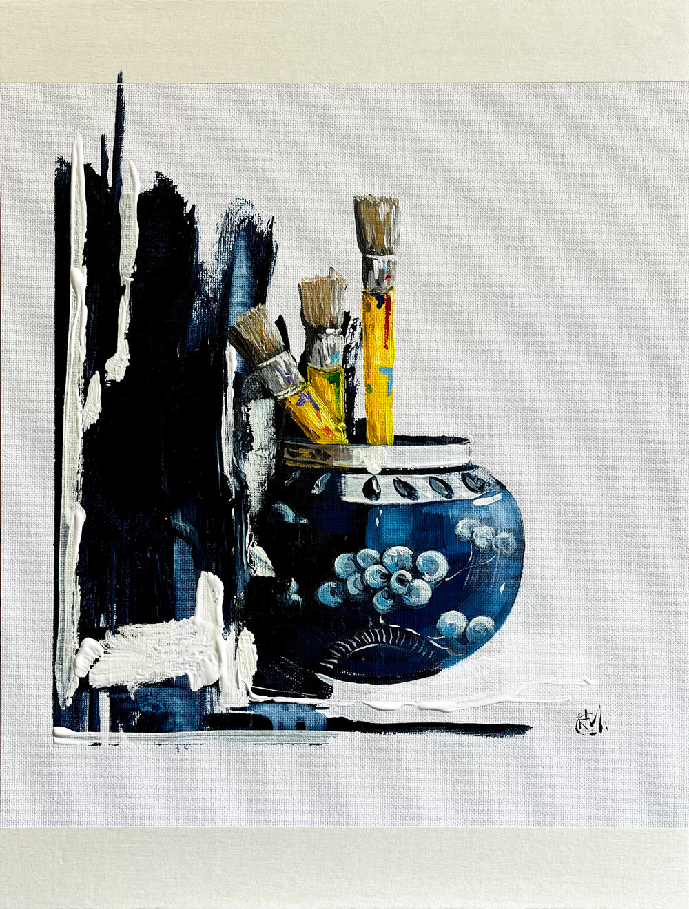Painting of Paint Brushes in China Vase Painted on Acrylic on Cotton Canvas with Border  roslynmary art.