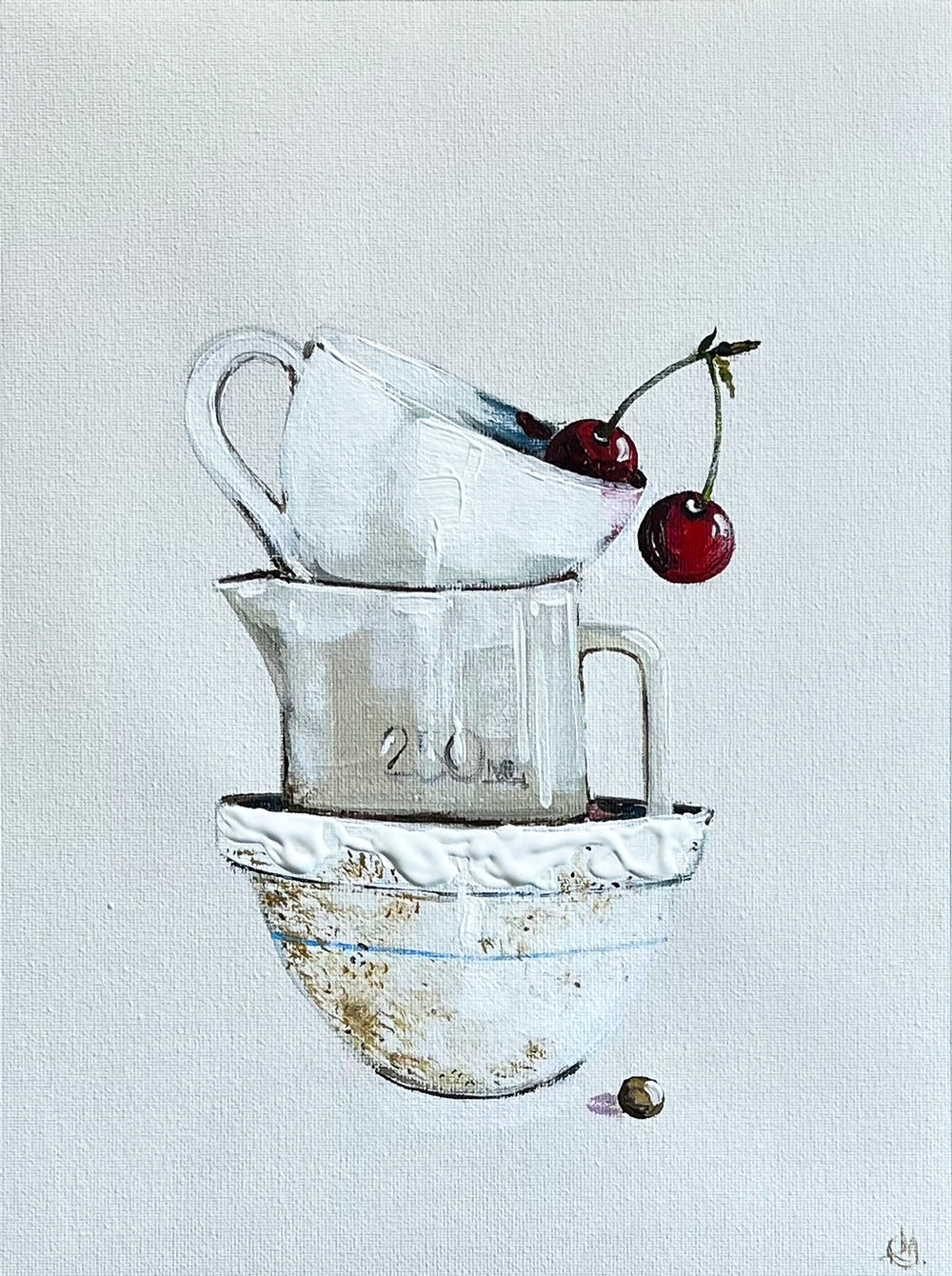 Painting of a Stack of Ceramic Cups & Cherries Painted in Acrylic on Cotton Canvas roslynmary art.