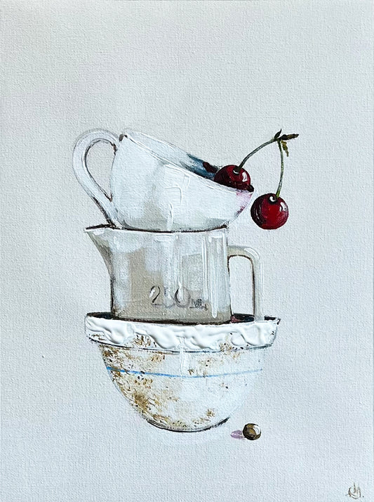 Painting of a Stack of Ceramic Cups & Cherries Painted in Acrylic on Cotton Canvas roslynmary art.