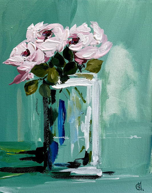 Roses in Vase Painted in Acrylic on Cotton Canvas roslynmary art.
