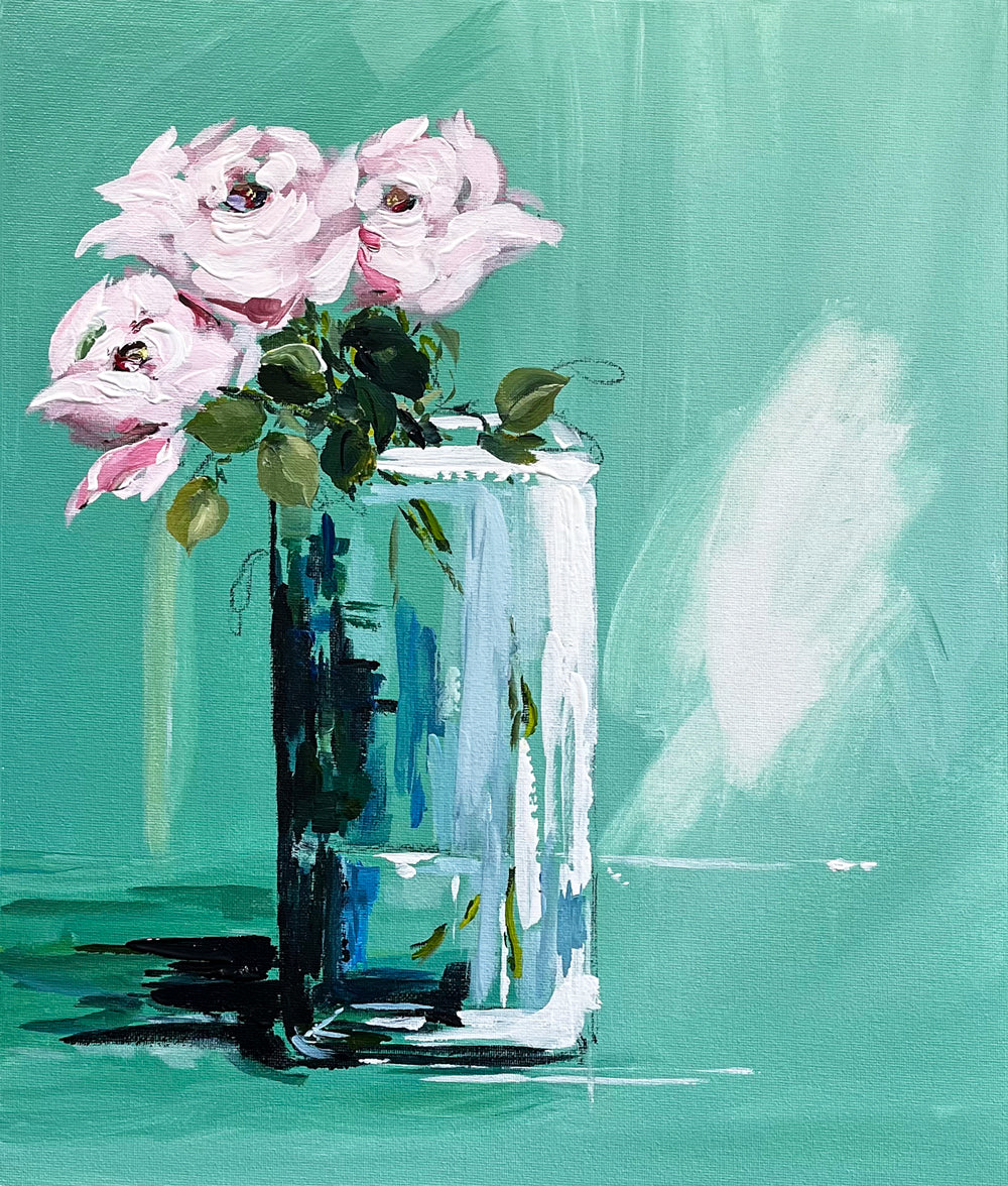 Roses in Vase Painted in Acrylic on Cotton Canvas roslynmary art.