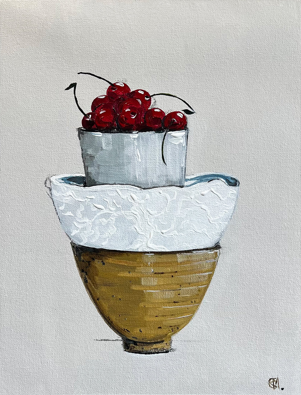 Painting of a Stack of Ceramic Cups Filled with Cherries Painted in Acrylic on Cotton Canvas roslynmary art.