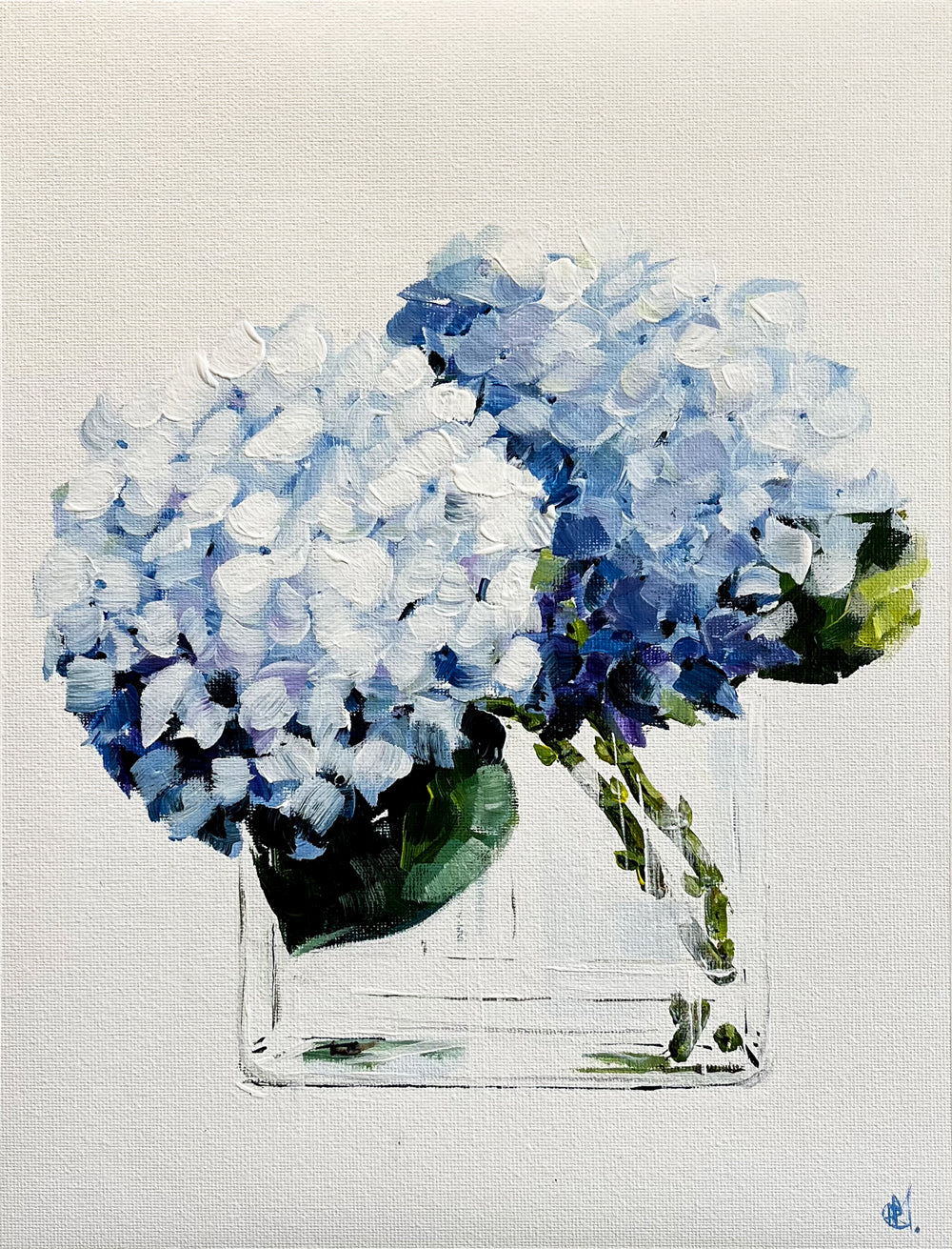 Painting of Blue Hydrangeas in Glass Vase Painted in Acrylic on Cotton Canvas roslynmary art.