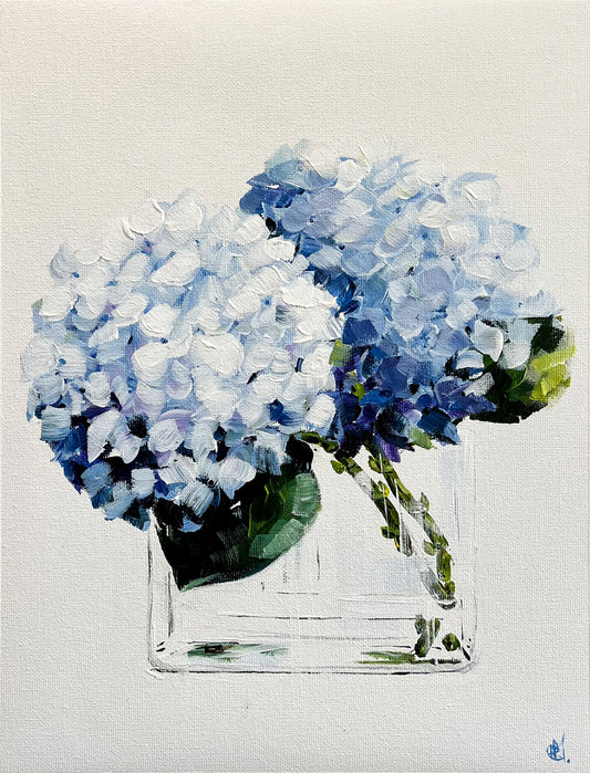 Painting of Blue Hydrangeas in Glass Vase Painted in Acrylic on Cotton Canvas roslynmary art.