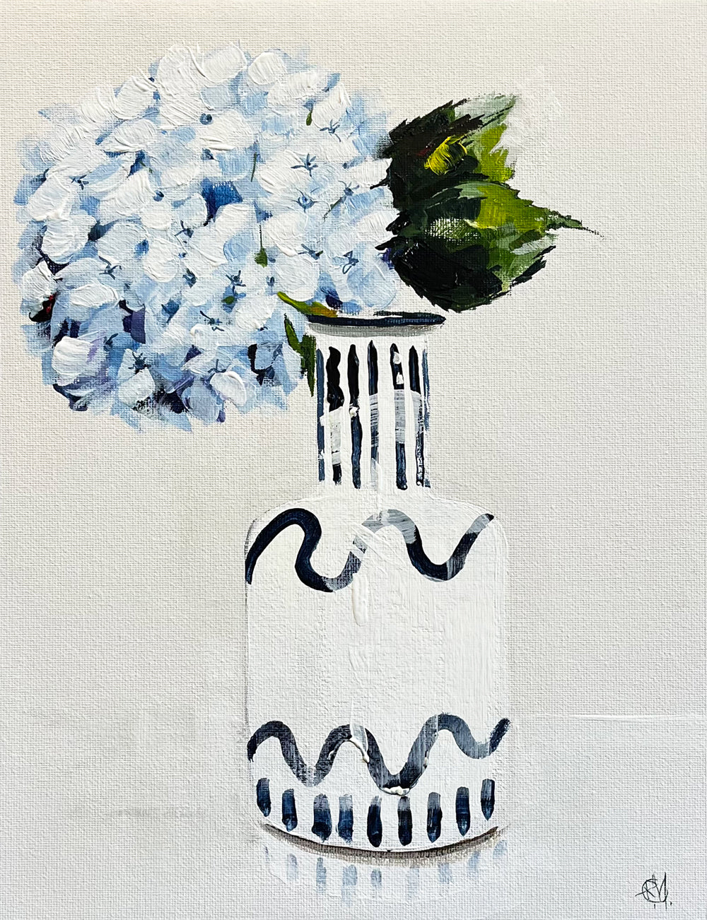Painting of Blue Hydrangea in Ceramic Vase Painted in Acrylic on Cotton Canvas roslynmary art.