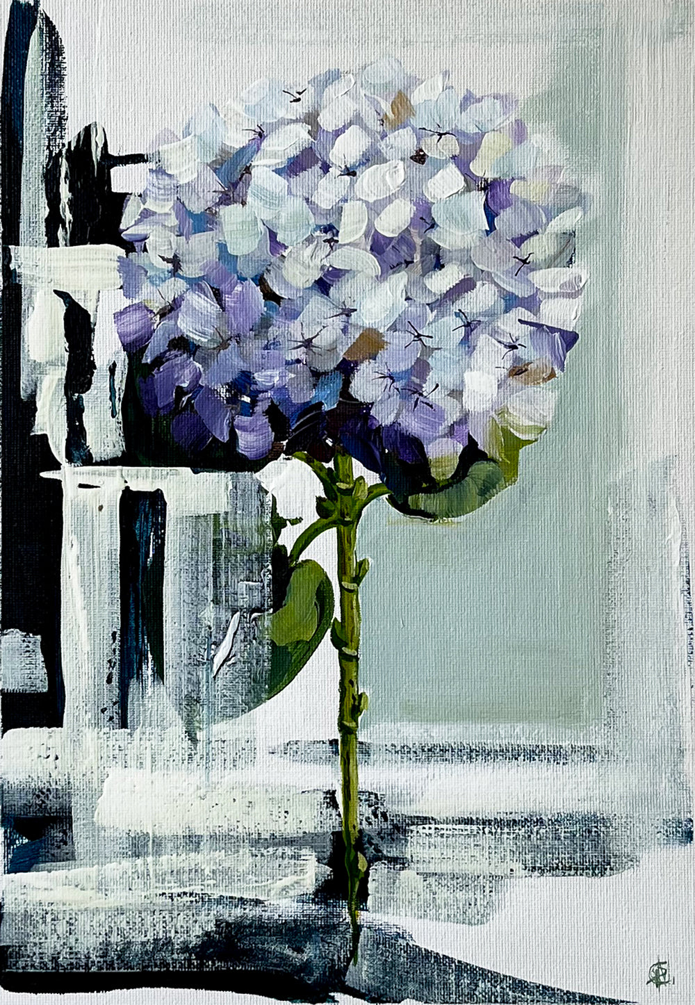Painting of Purple Hydrangea on Abstract Background Painted in Acrylic on Cotton Canvas roslynmary art.