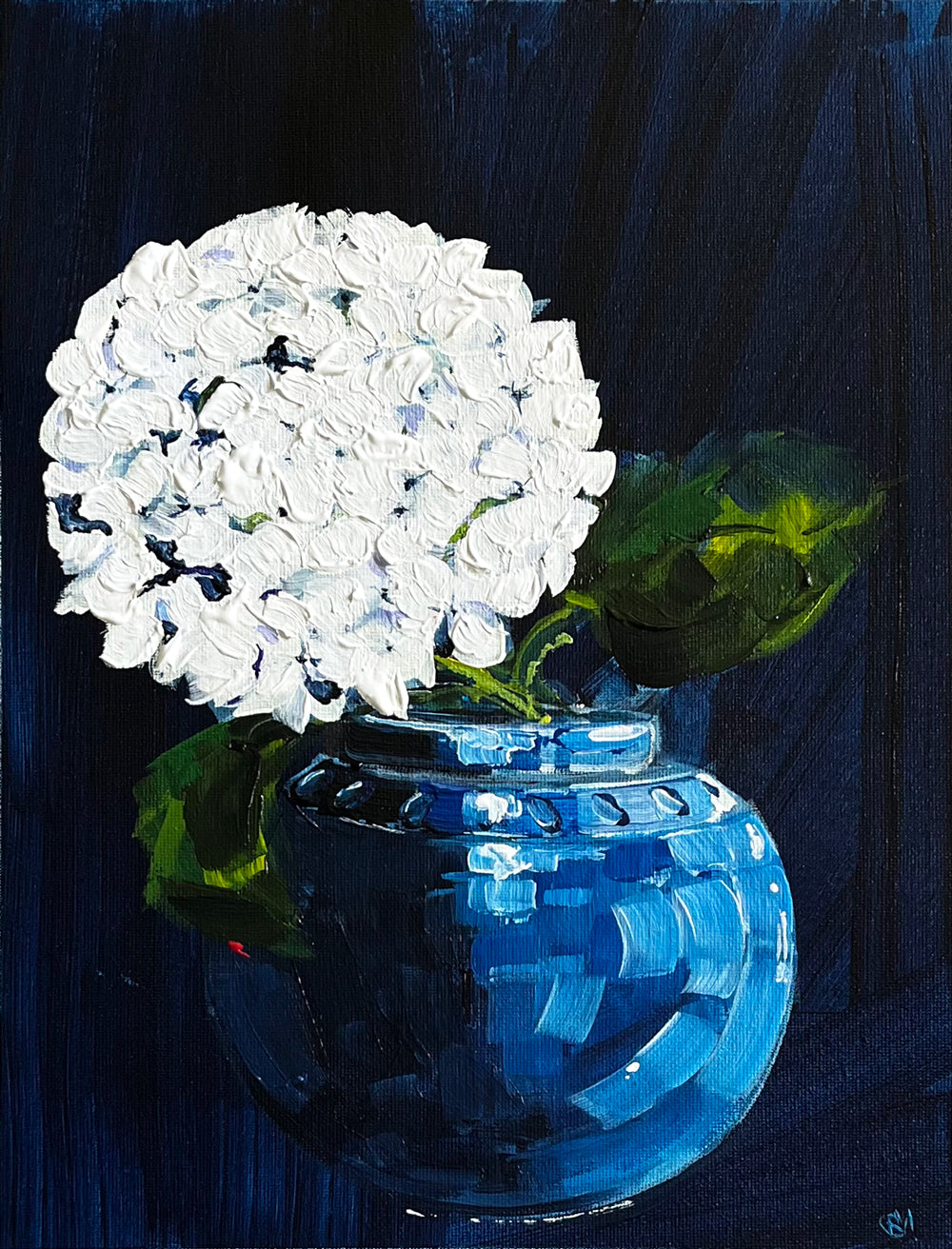 Painting of White Hydrangea in Blue Ceramic Vase Painted in Acrylic on Cotton Canvas roslynmary art.