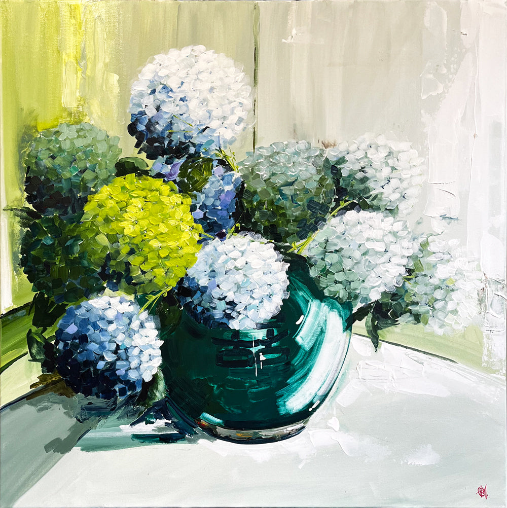 Painting of Hydrangeas in Ceramic Vase Painted in Acrylic on Cotton Canvas roslynmary art.
