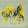 Painting of a Golden Wattle in Glass Vase Painted in Acrylic on Cotton Canvas roslynmary art.