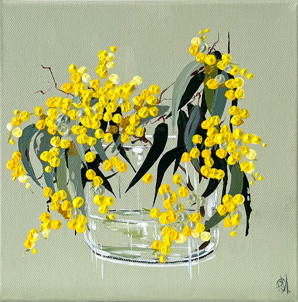 Painting of a Golden Wattle in Glass Vase Painted in Acrylic on Cotton Canvas roslynmary art.