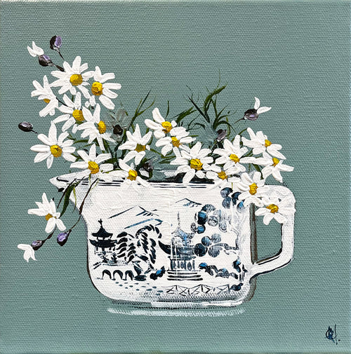 Painting of a Daisies in Ceramic China Vase Painted in Acrylic on Stretched Canvas roslynmary art.