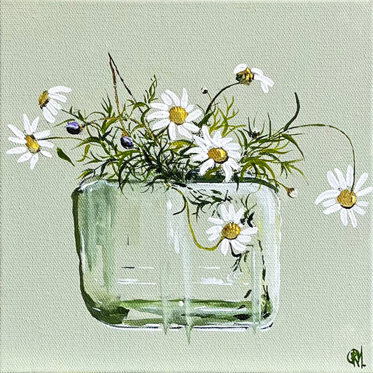 Painting of a Daisies in Glass Vase Painted in Acrylic on Stretched Canvas roslynmary art.