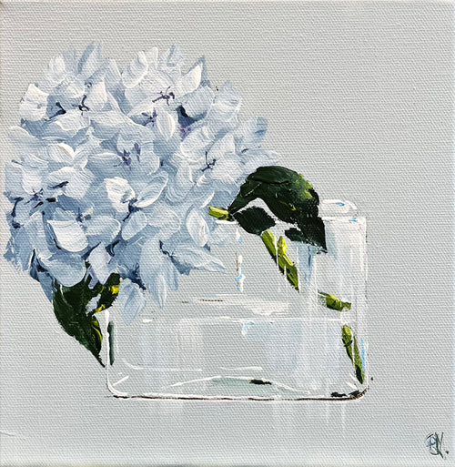 Painting of Pale Blue Hydrangea in Glass Vase Painted in Acrylic on Stretched Canvas roslynmary art.