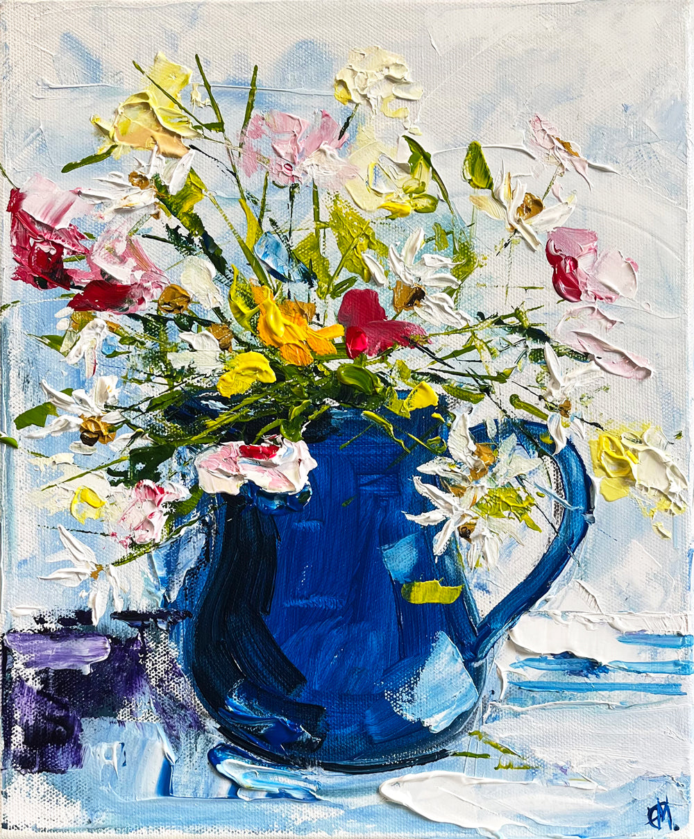 Painting of Colourful Flowers in Ceramic Blue Vase Painted in Acrylic on Stretched Canvas roslynmary art.
