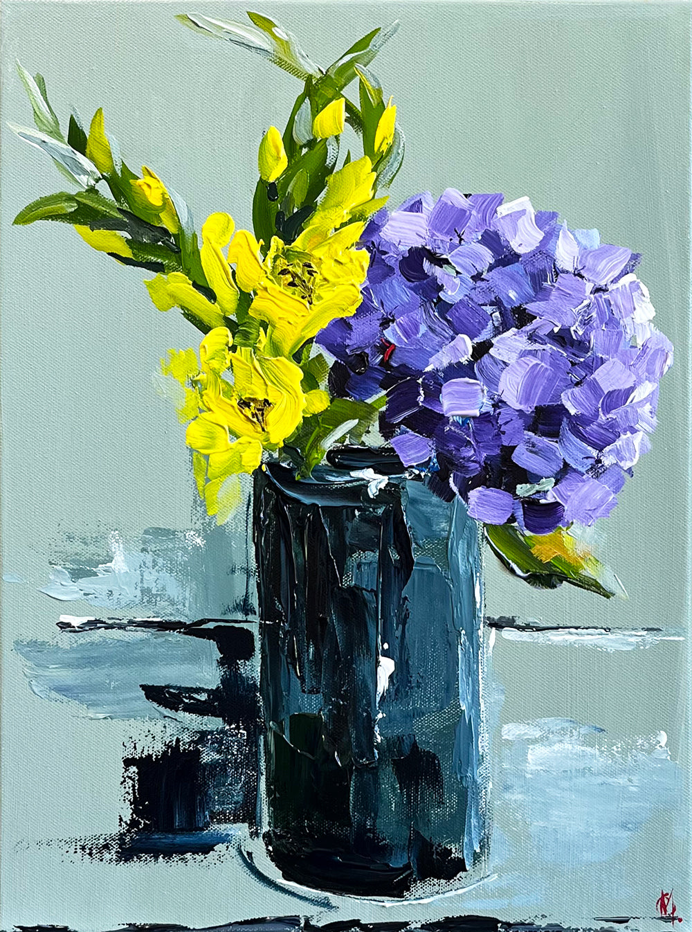 Painting of Hydrangea in Tall Ceramic Vase Painted in Acrylic on Stretched Canvas roslynmary art.
