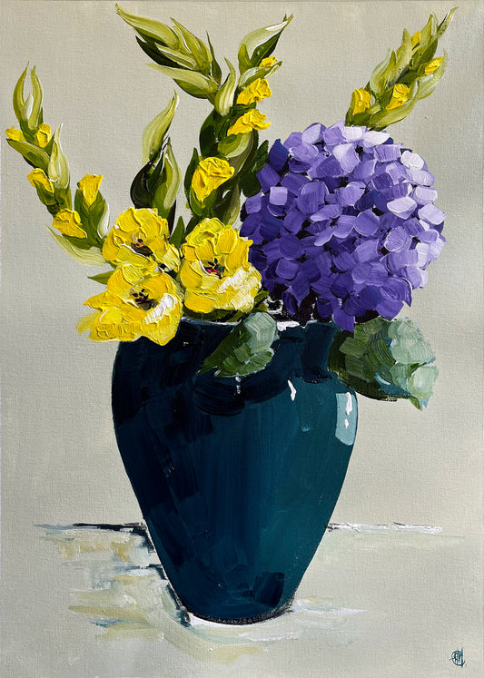 Painting of Hydrangea in Ceramic Vase Painted in Acrylic on Stretched Canvas roslynmary art.