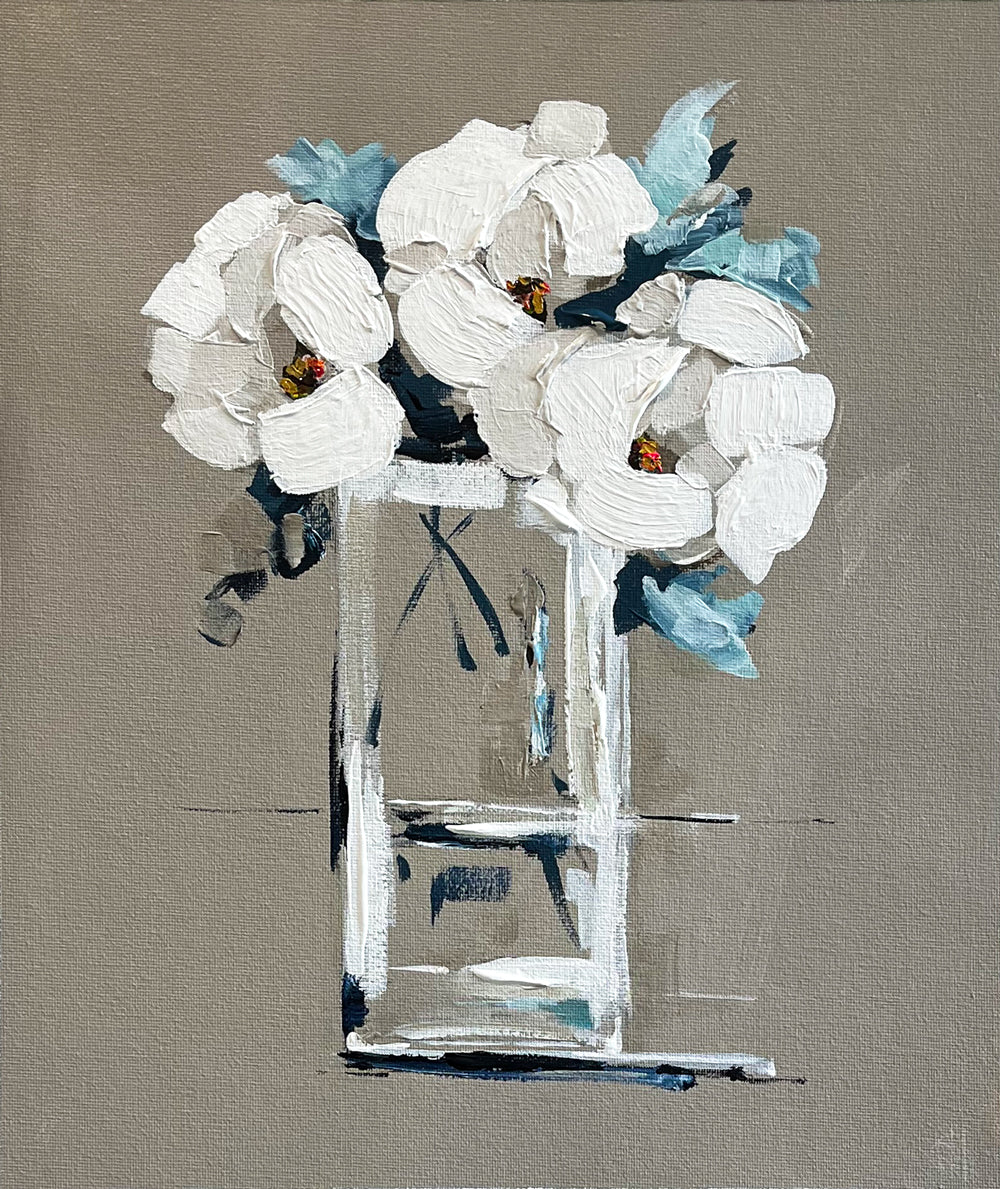 Painting of White Flowers in Tall Glass Vase Painted in Acrylic on Cotton Canvas roslynmary art.