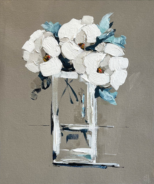 Painting of White Flowers in Tall Glass Vase Painted in Acrylic on Cotton Canvas roslynmary art.