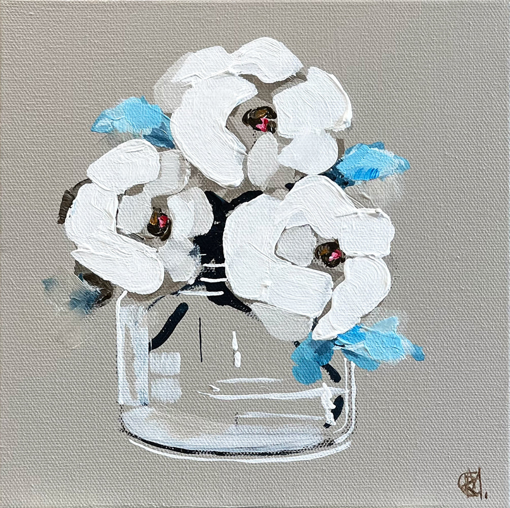 Painting of White Flowers in Glass Vase Painted in Acrylic on Stretched Canvas roslynmary art.