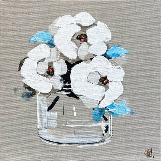 Painting of White Flowers in Glass Vase Painted in Acrylic on Stretched Canvas roslynmary art.