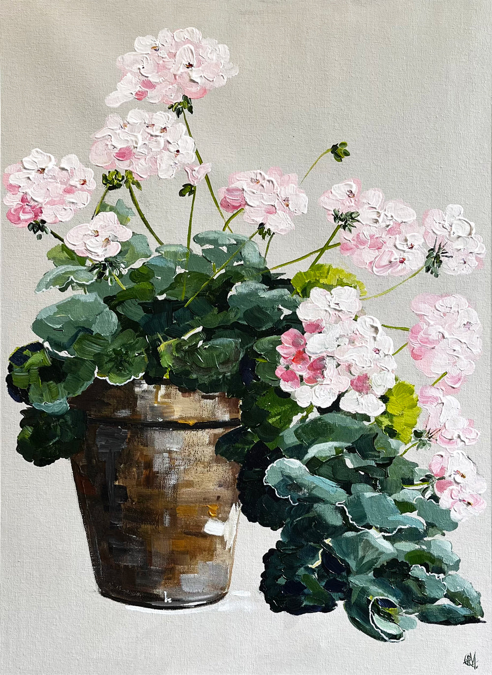 Painting of White Geraniums in Terracotta Pot Painted in Acrylic on Cotton Canvas roslynmary art.