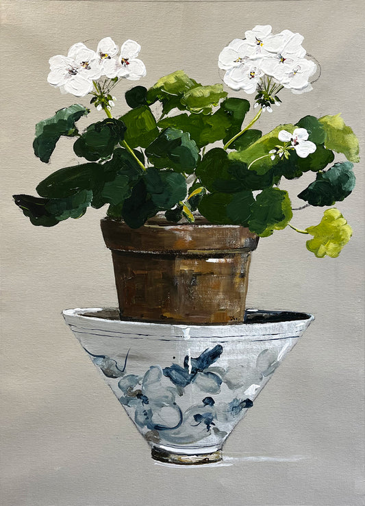 Painting of White Geraniums in Terracotta Pot Painted in Acrylic on Cotton Canvas roslynmary art.
